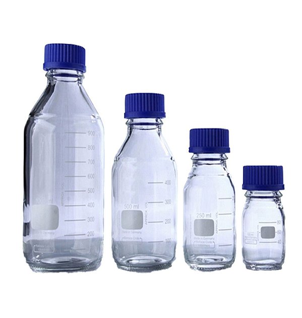 Frasco Reagente de Vidro Boro 3.3 C/ Tampa de Rosca PP Azul 1000ml - Cx/ 10 uniddes