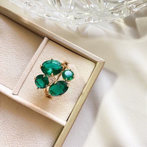 Anel cristal esmeralda com zircônia
