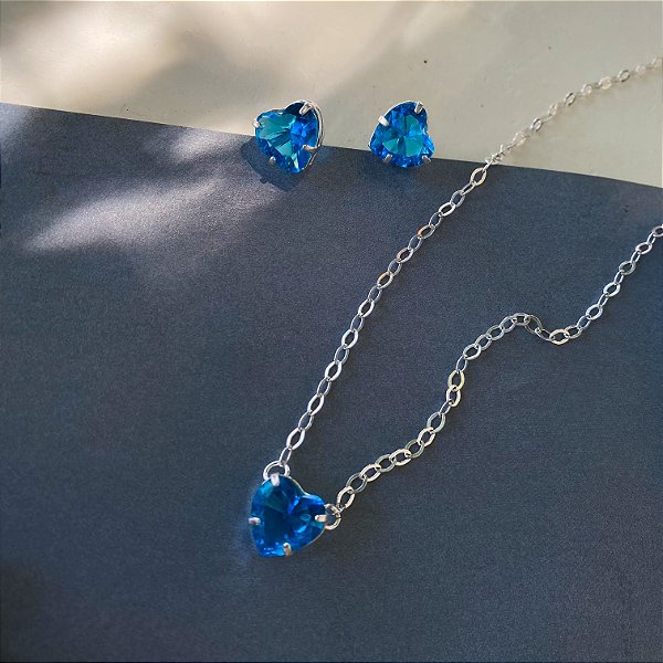 Conjunto coração em cristal azul