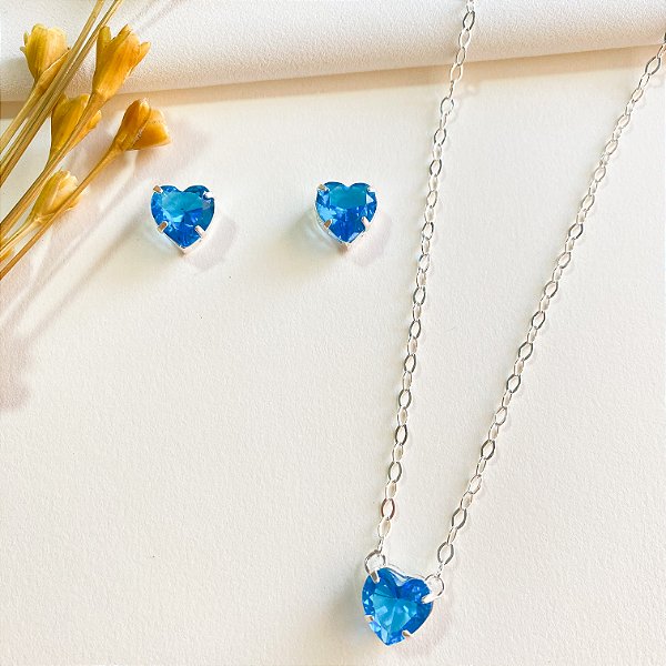 Conjunto coração em cristal azul