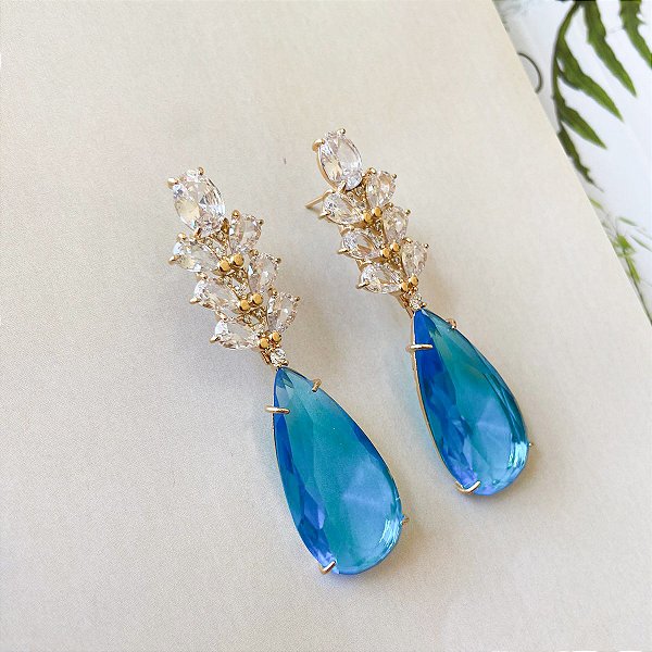 Brinco base gotas em zircônias e gota azul turquesa