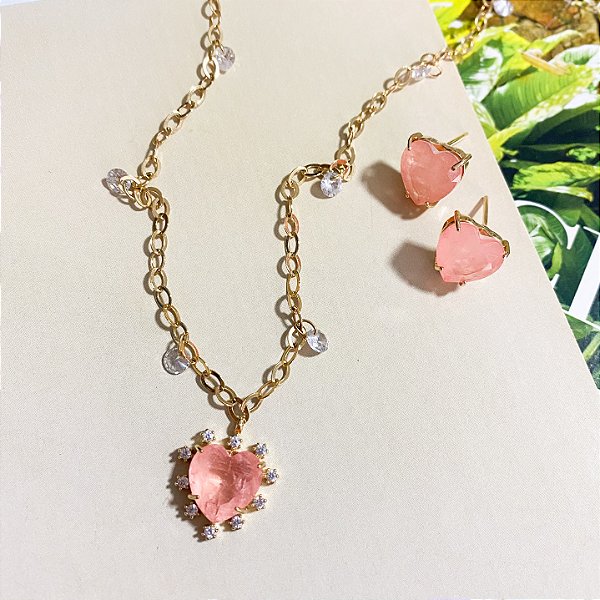 Conjunto coração pedra fusion salmão detalhe em zircônias
