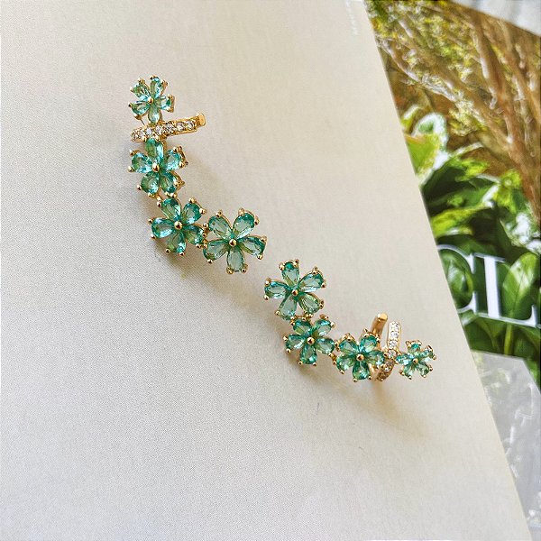 Brinco Ear Cuff flores cravejadas