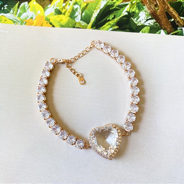 Pulseira riviera detalhe coração em cristal