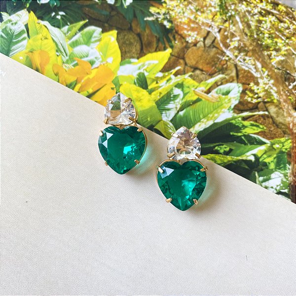 Brinco corações em zircônia cristal e turmalina