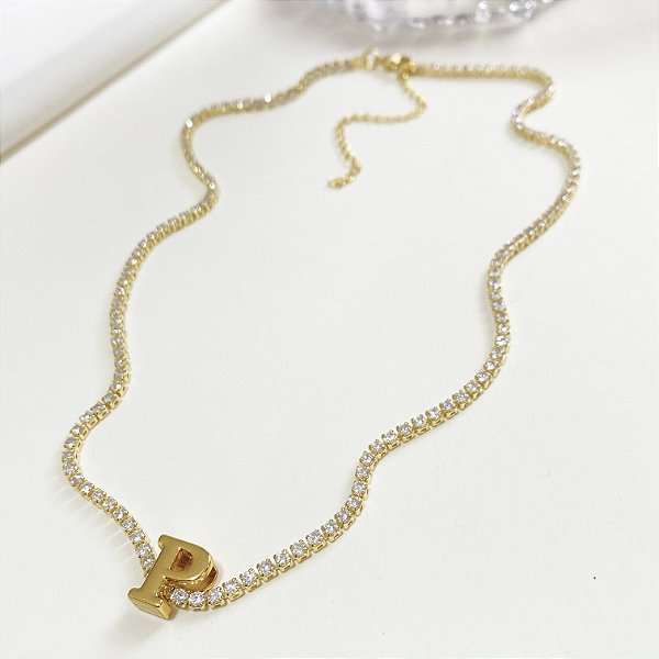 Colar riviera cristal com inicial lisa
