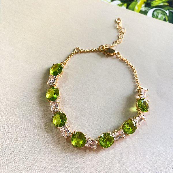 Pulseira cristais verde lima com zircônias
