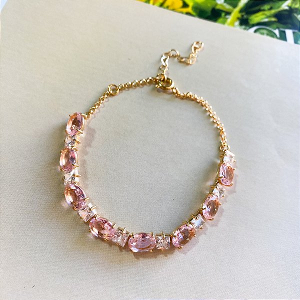 Pulseira em cristais rosa bebê e zircônias