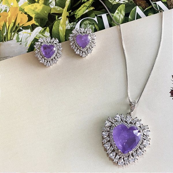 Conjunto coração pedra fusion cravejado em zircônias