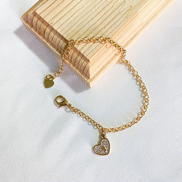 Pulseira infantil pingente coração cravejado