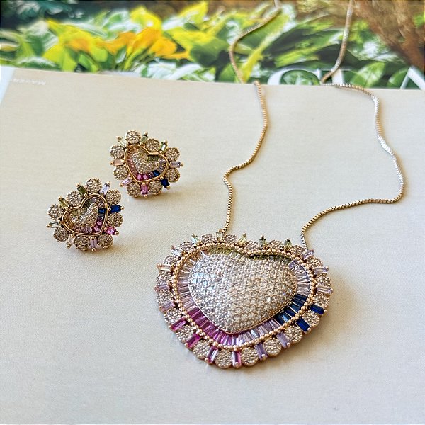 Conjunto Coração Cravejado com Zircônias Coloridas