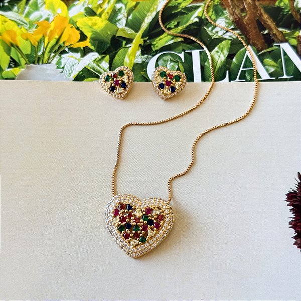 Conjunto Coração Cravejado com Zircônias Coloridas