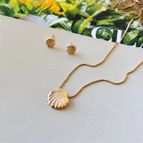 Conjunto Colar e Brincos Conchinha Lisa