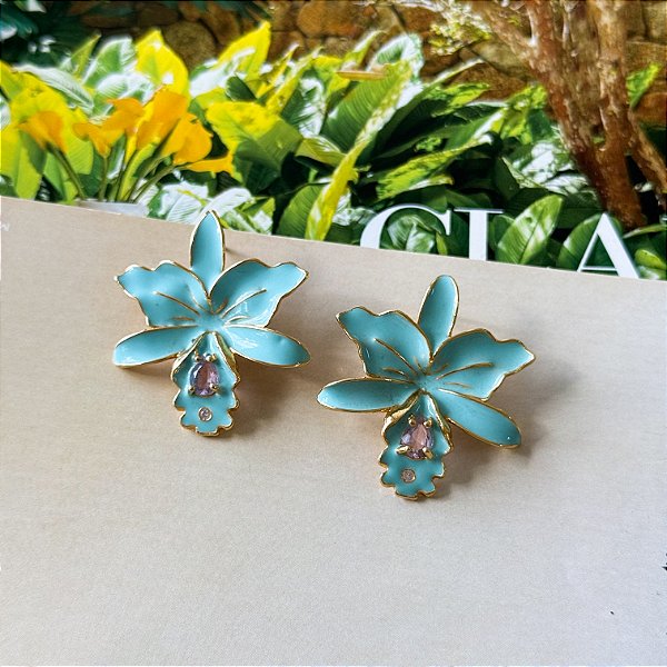 Brinco Orquídea Resinada Turquesa