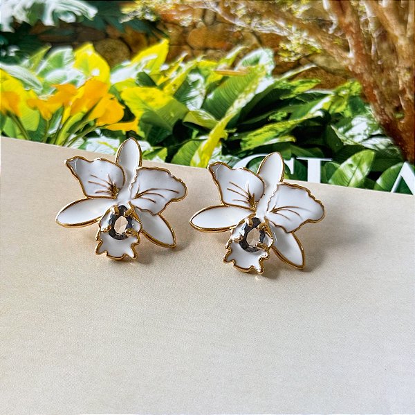 Brinco Orquídia Resinado Branco com Zircônia