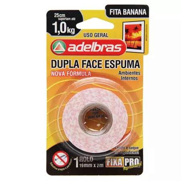 Fita Adesiva Dupla Face Espuma Banana 12mm x 2m Adelbras