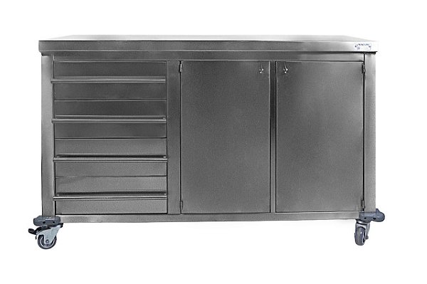 BANCADA COM GAVETEIRO E ARMÁRIO EM AÇO INOX