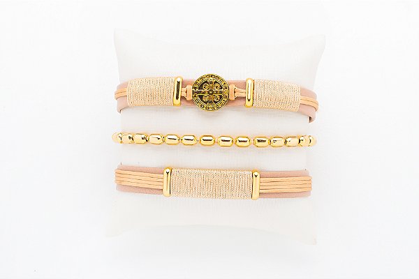 PULSEIRA ELOS COURO C/ FIO DE SEDA NUDE