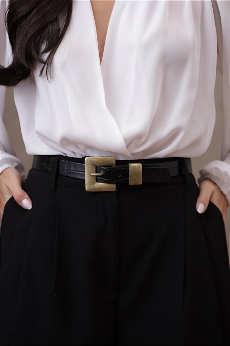 CINTO ESTELA PRETO - COURO LEGÍTIMO CROCO - LARGURA DO CINTO 2,0CM