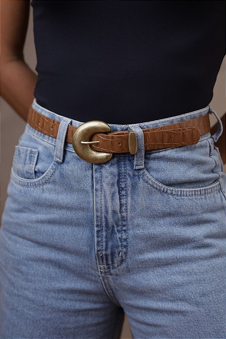 CINTO AURORA CARAMELO - COURO LEGÍTIMO CROCO - LARGURA DO CINTO 2,5CM