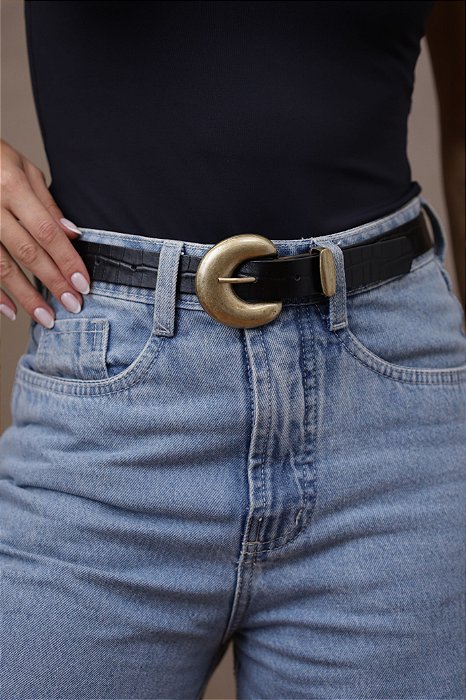 CINTO AURORA PRETO - COURO LEGÍTIMO CROCO - LARGURA DO CINTO 2,5CM