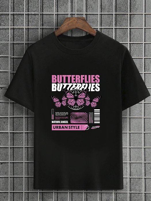 Camiseta Masculina Preta 100% Algodão Butterflies Urban Style