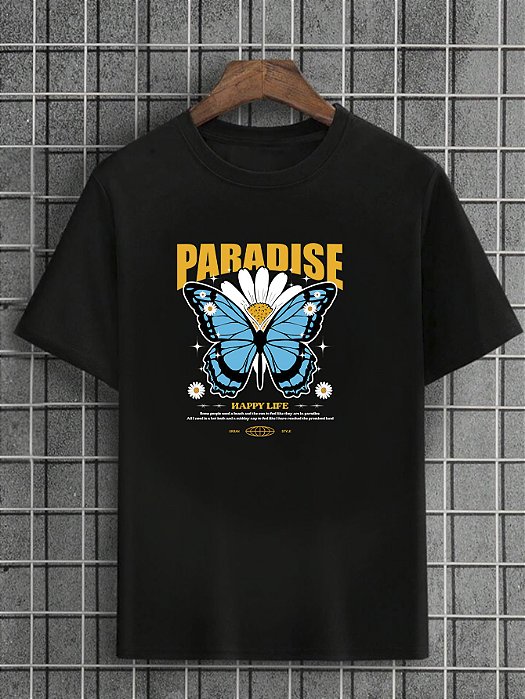 Camiseta Masculina Preta 100% Algodão Butterflies Paradise