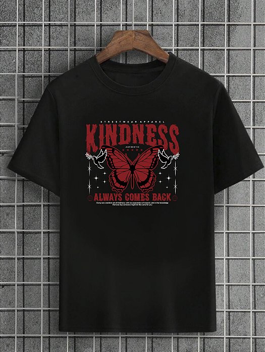 Camiseta Masculina Preta 100% Algodão Butterflies Kindness