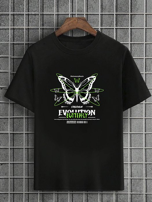 Camiseta Masculina Preta 100% Algodão Butterflies Evolution
