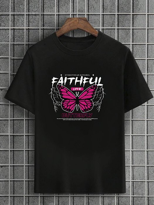Camiseta Masculina Preta 100% Algodão Butterflies Faithful