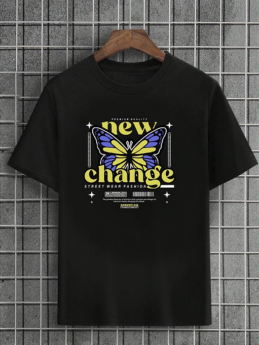Camiseta Masculina Preta 100% Algodão Butterflies New Change