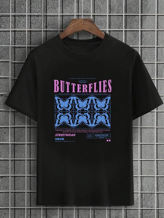 Camiseta Masculina Preta 100% Algodão Butterflies Street Wear