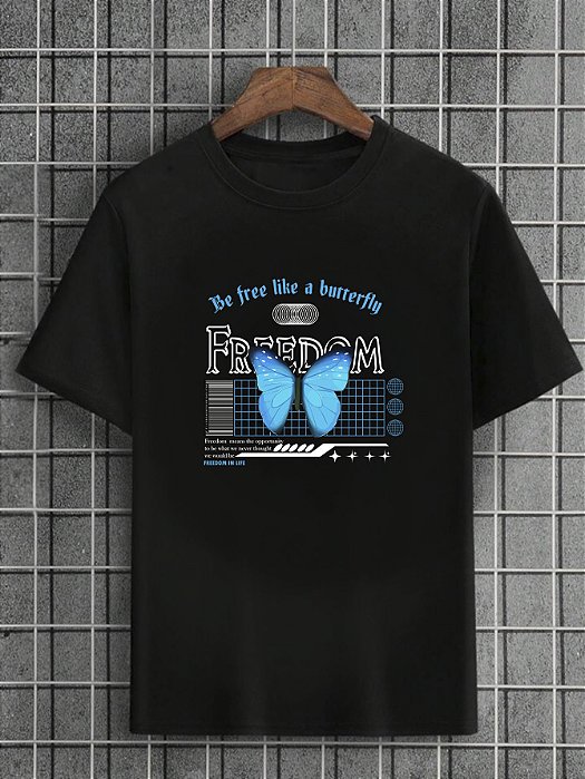 Camiseta Masculina Preta 100% Algodão Butterflies Freedom