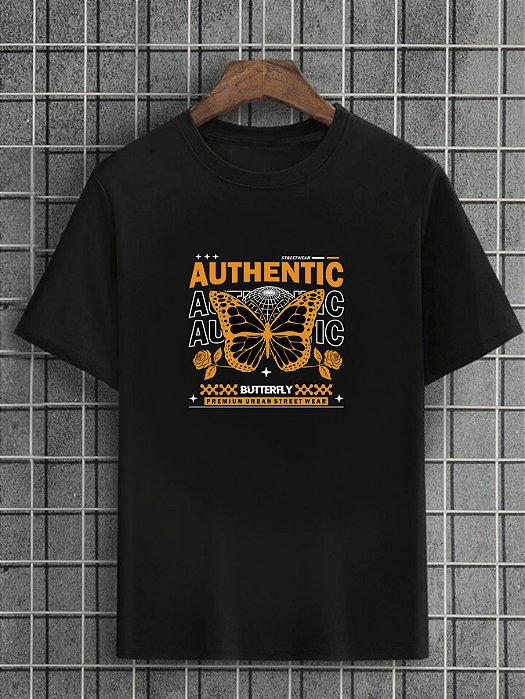 Camiseta Masculina Preta 100% Algodão Butterflies Authentic