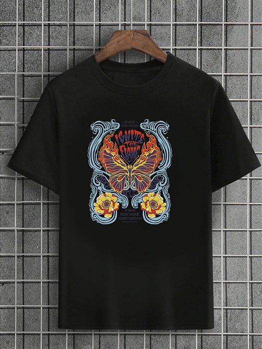 Camiseta Masculina Preta 100% Algodão Butterflies Flame