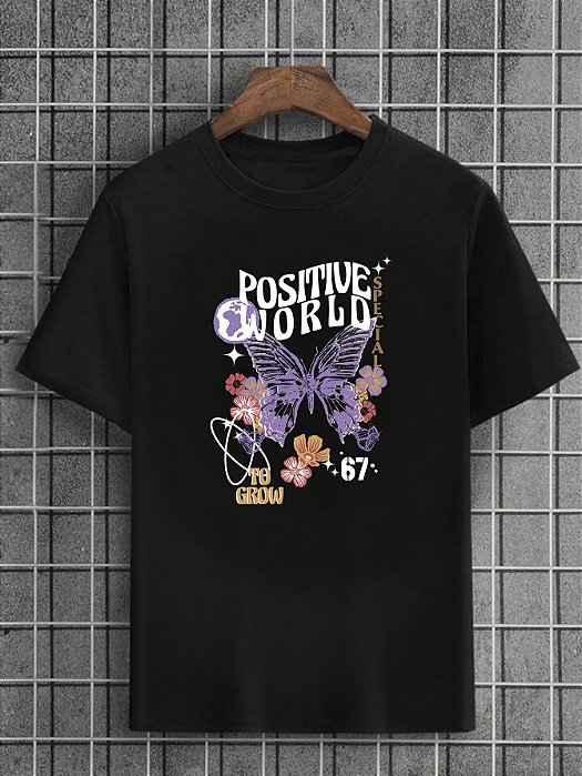 Camiseta Masculina Preta 100% Algodão Butterflies Positive World