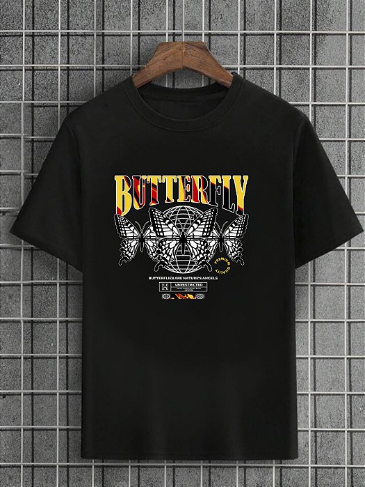 Camiseta Masculina Preta 100% Algodão Butterflies World