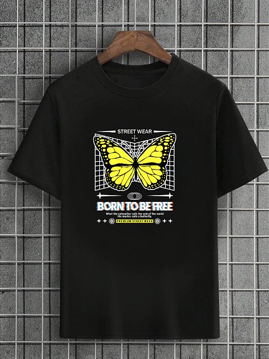 Camiseta Masculina Preta 100% Algodão Butterflies Born Free