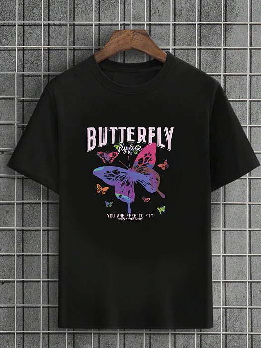 Camiseta Masculina Preta 100% Algodão Butterflies Flyfree