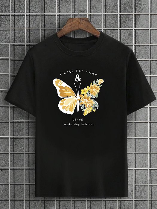 Camiseta Masculina Preta 100% Algodão Butterflies FlyAway