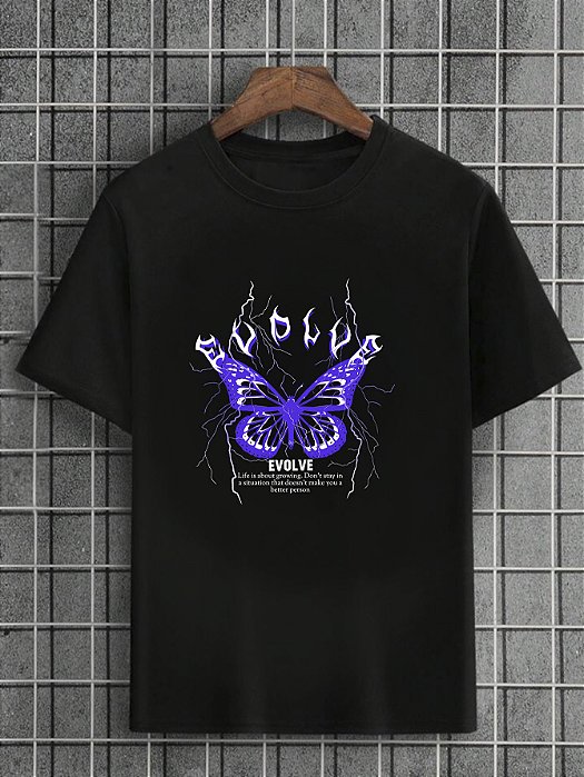 Camiseta Masculina Preta 100% Algodão Butterflies Evolve