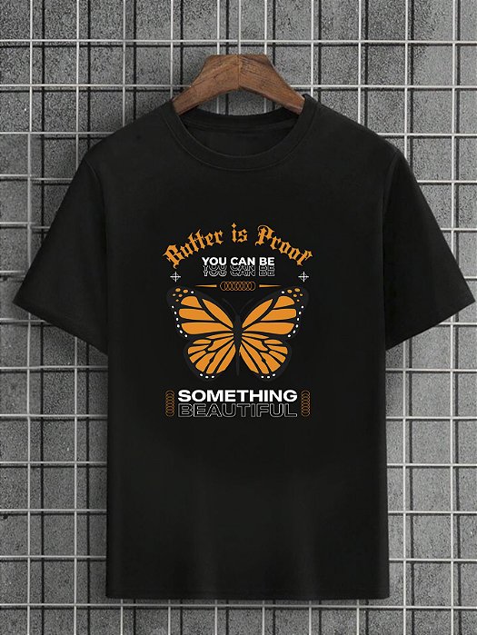 Camiseta Masculina Preta 100% Algodão Butterflies Something Beautiful