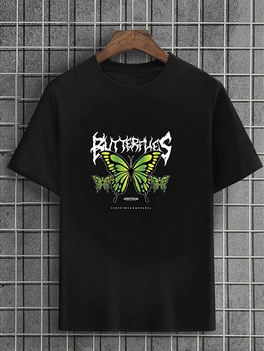 Camiseta Masculina Preta 100% Algodão Butterflies Green