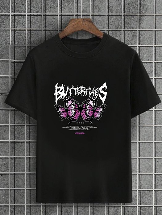 Camiseta Masculina Preta 100% Algodão Butterflies Pink