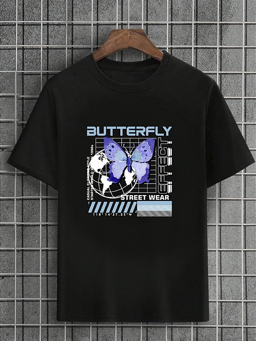 Camiseta Masculina Preta 100% Algodão Butterflies Effect Blue