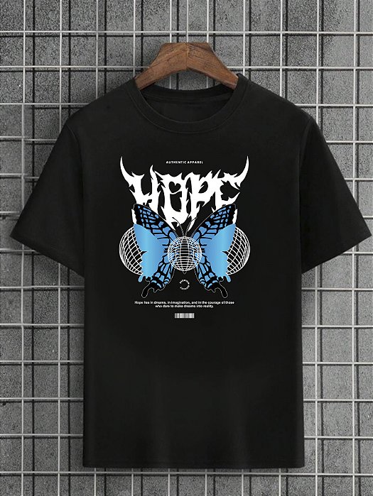 Camiseta Masculina Preta 100% Algodão Butterflies Hope