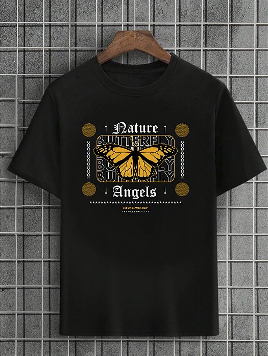 Camiseta Masculina Preta 100% Algodão Butterflies NatureAngels Yellow