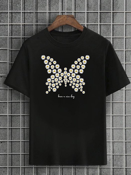 Camiseta Masculina Preta 100% Algodão Butterflies Flowers