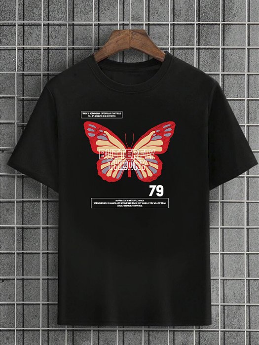 Camiseta Masculina Preta 100% Algodão Butterflies Theory