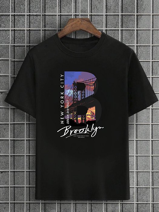Camiseta Masculina Preta 100% Algodão City Brooklyn